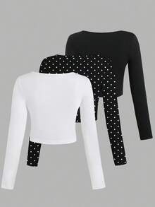 Sweetra Bộ 3 áo thun tay dài dáng ôm cỡ lớn in họa tiết da báo cho nữ mùa xuân - Đen và trắng - Xem 2