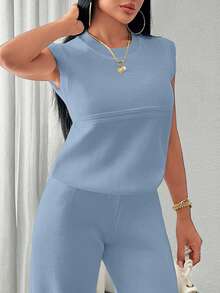 EURMUSE Two Pieces Sleeveless Knit Set Featuring Minimalist Crew Neck Top And High-Waisted Ribbed Pants In Soft Ivory - Baby Blue - View 4