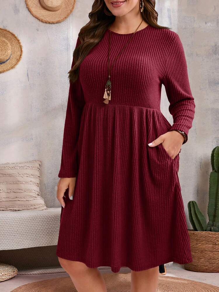 Plus Size Plain Round Neck Pocket Casual Long Sleeve Fall Dress Winter Clothes For Women Dresses For Women Elegant Christmas  Winter Dress Women New Year Look Elegant Dresses For Party Plus Size Dress With Pockets Plus Size Winter Dresses Casual Midi Dress  Stylish Clothing Collection Fall Dresses For Women Long Sleeve Midi Dress
