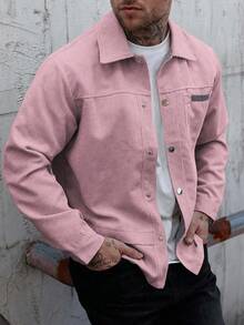 Manfinity Homme Áo khoác bomber dài tay nam bằng vải nhung kẻ, kiểu dáng thường ngày, thích hợp cho mùa xuân thu. Món quà tuyệt vời dành cho bạn trai hoặc chồng. Áo khoác hồng nam. - Hồng - Xem 5