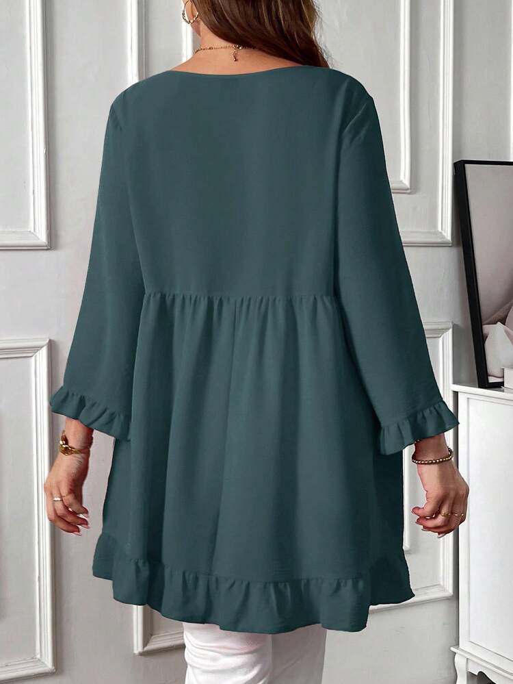 Plus Size Women Solid Color Round Neck Long Sleeve Ruffle Hem Loose Blouse New Year Clothes  Clothes For New Year Christmas Clothes  Party Dress Winter Clothes For Women Cozy Fall And Winter Clothes For Women