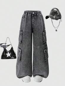 SHEIN ChillGRL Streecool 青少年女孩休闲时尚酷炫日常简约四粒扣假口袋设计宽松直筒牛仔裤