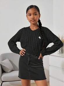 Sparklyn 1pc Women's Classic Cable Knit Pullover Sweater, V-Neck Slim Fit Long Sleeve Regular Thickness Knit Top With Black Horse Embroidery Decor, Comfortable & Versatile For Spring/Autumn, Casual Everyday Wear Youth Sweaters Knit Sweater Cute Sweater Sweater For Teen Young Girl Sweater - Black - View 5