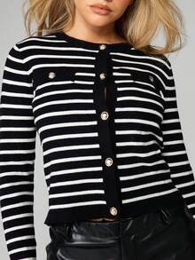 MISSGUIDED Striped Button Front Cardigan With Round Neck Long Sleeves - Black and White - View 6