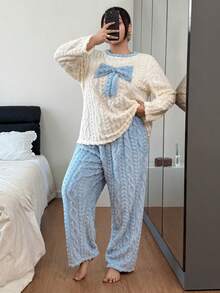 Dream Adore Plus Size Women Colorful Patchwork Textured Jacquard Bow Decor Long Sleeve & Pants Cozy Pajama Set, Winter