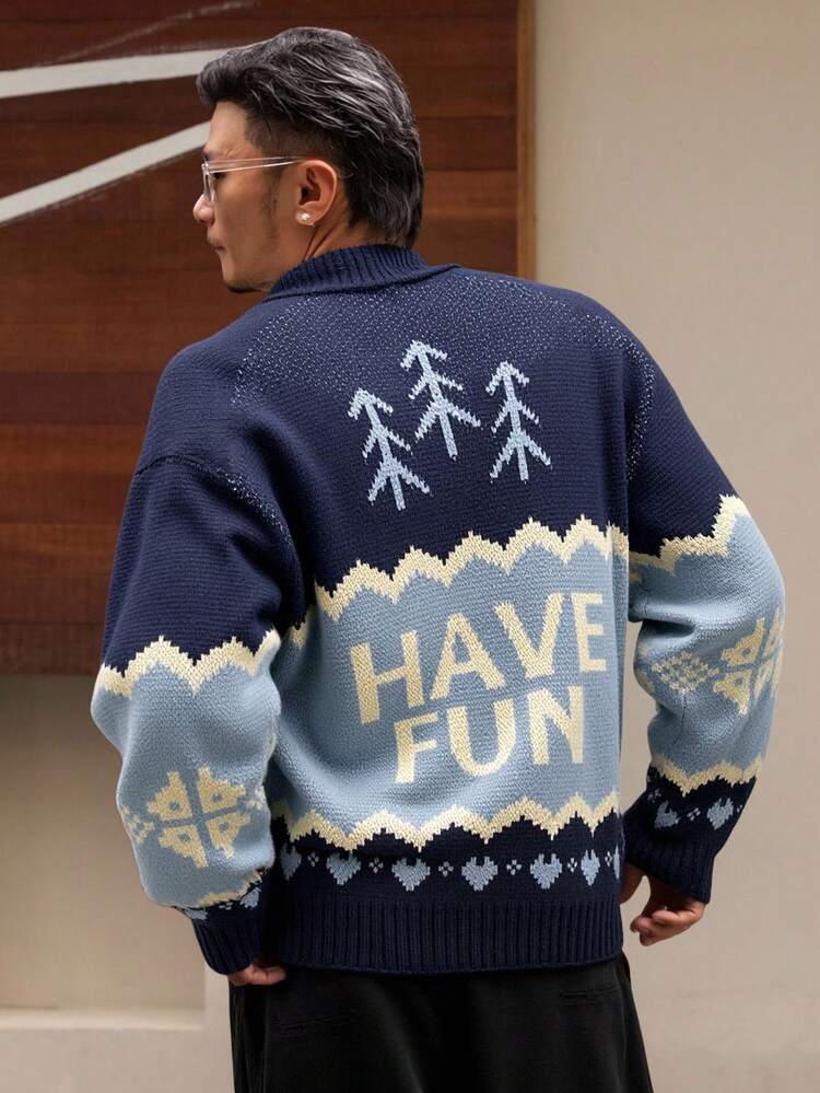 Men's Letter Pattern Jacquard Cardigan, Navy Blue, Autumn/Winter,New Year,Christmas