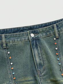 ROMWE MEN Street Life Men's Casual Everyday Washed Rhinestone Embellished Flared Jeans - Light Yellow - View 3