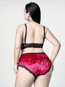 ROMWE Goth 加大码哥特式天鹅绒钢圈索环蕾丝边三角内裤内衣套装 - 酒紅色 - 查看 3