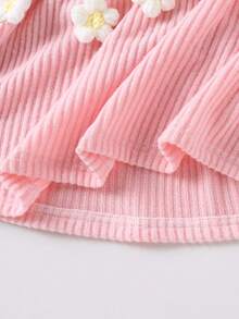 Young Girls Knitted Ribbed Crew Neck Long Sleeve Big Bow 3D Floral Sweater Dress, Sweet & Cute, Spring/Autumn - Pink - View 7