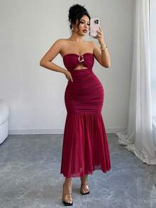 Elenzga 新款女式网眼透视拼接紧身胸衣装饰纽扣镂空设计腰部 A 字中长连衣裙，休闲度假风格，优雅年轻女士，春/秋 - 酒紅色 - 查看 8