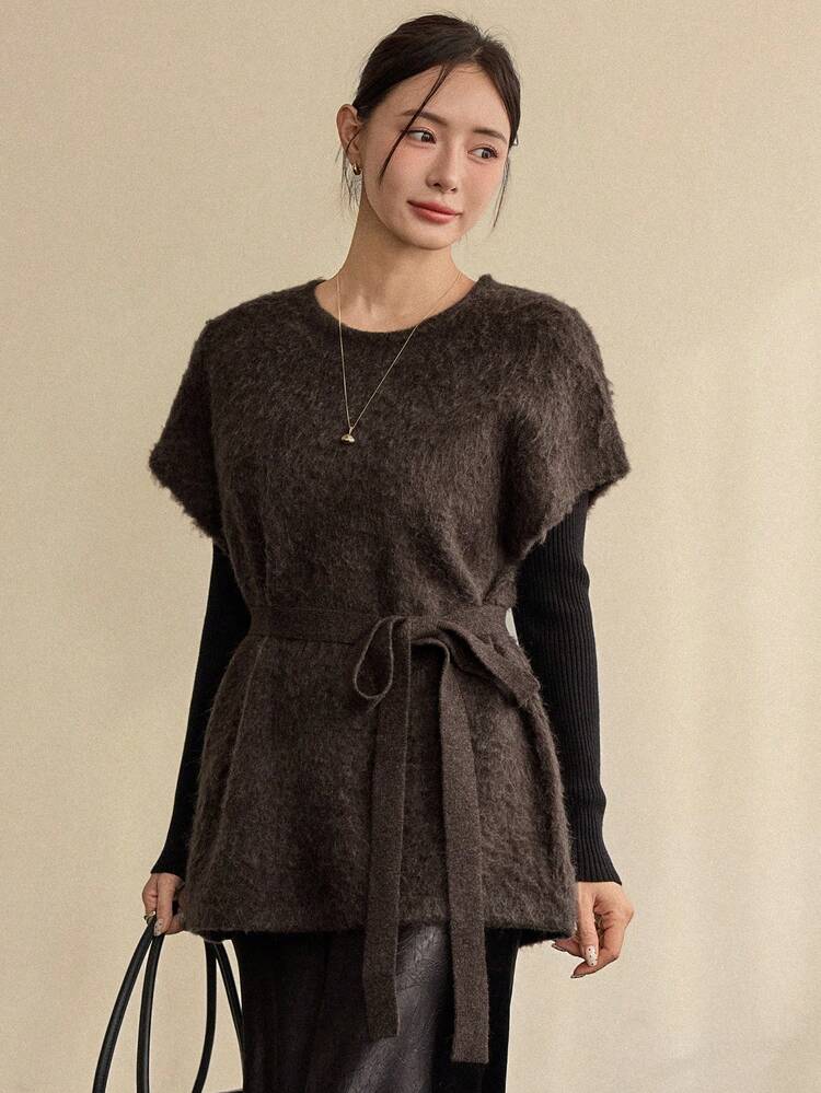 Women's Loose Business Casual Elegant Crew Neck Sleeveless Brown Knit Sweater Top, Suitable For Autumn And Winter