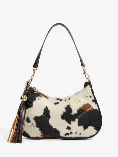 SHEIN SXY Ladies, Women Shoulder Bag, Hobo Bag, Cow Print, Animal Print, Tassel Decorative Pendant, Retro, Vintage, Fashionable, Elegant, Simple, Personalized, Versatile, Classic, For Commute, Office, Date, Daily, Shopping, Afternoon Tea