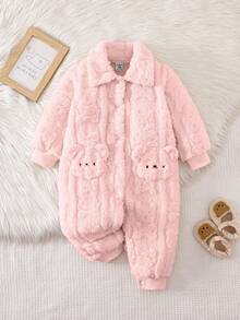 SHEIN Mono con capucha de manga larga de forro polar reversible con estampado de oso lindo para bebé niña, ropa de abrigo casual de invierno