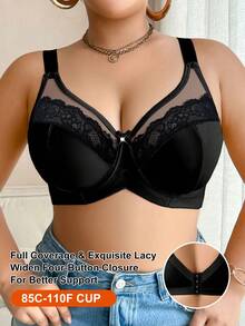 DesireSculpt Plus Size Solid Color Mesh & Lace Patchwork Underwire Bra - Black - View 5