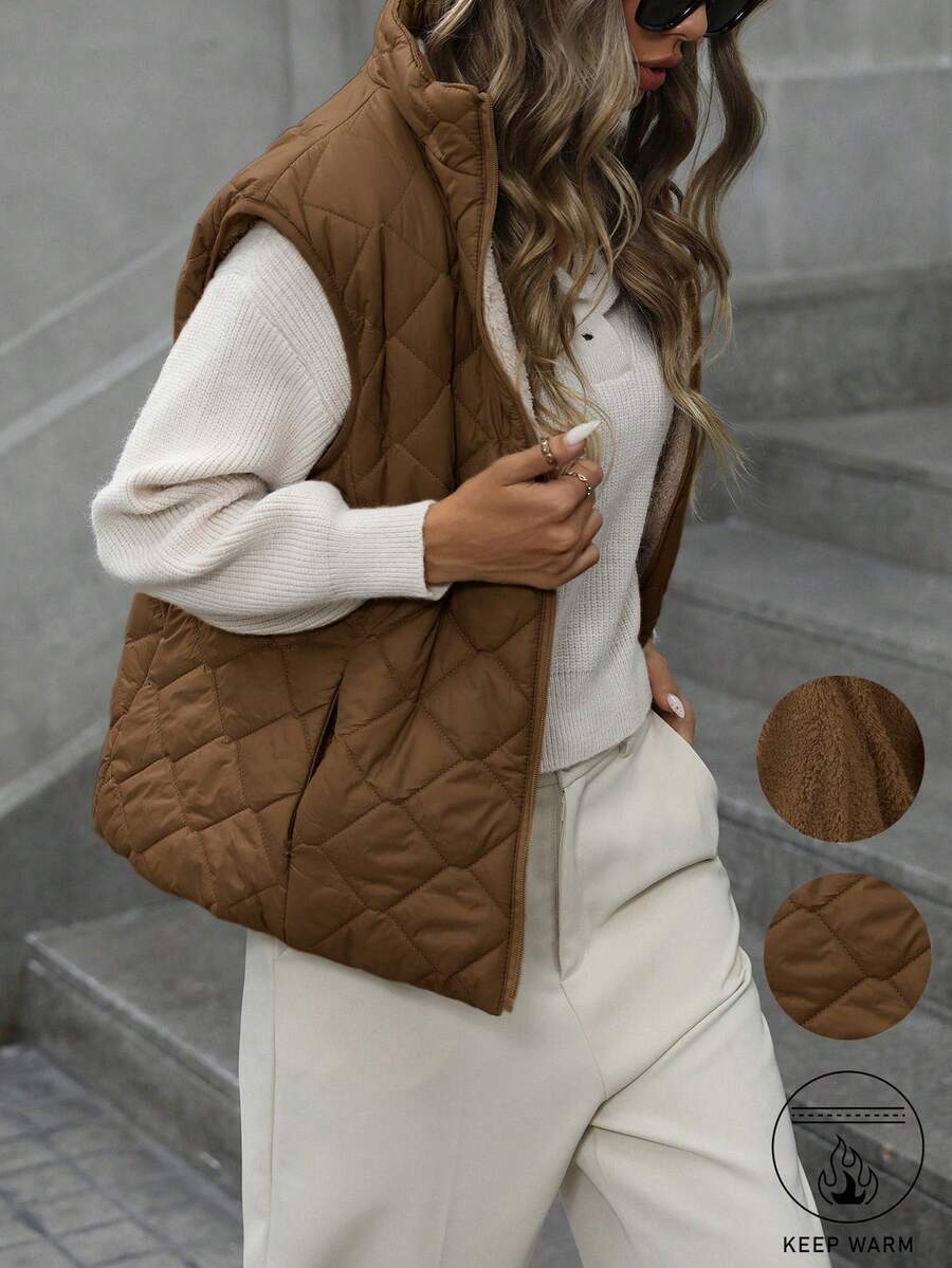 Aveloria Modichic 女式立领菱形格子拉链加厚保暖聚酯纤维合成保暖冬季外套冬季夹克背心马甲秋冬