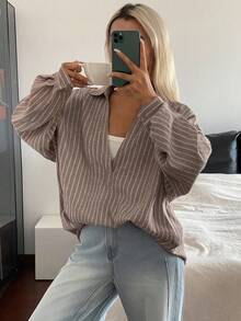 DAZY Women's Loose Casual Striped Shirt, Autumn/Winter - Khaki - View 6