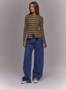 MUSERA Women Tops Stripe Long Sleeve Textured Button Through Long Sleeve Top Spring Summer Holiday - Orange - View 3