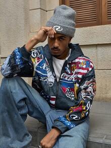 AXEPEAK Men's Fashionable American Style Graphic Print Hoodie Sweatshirt, Autumn - Black - View 6