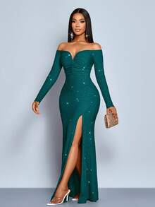 SOLERSUN Women's Fashionable Elegant V-Neck Off Shoulder Mermaid Hem Cocktail Party Night Club Bodycon Sexy Dress, Suitable For Christmas Party Vacation & Dating - Dark Green - View 4