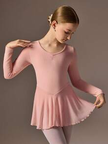 SHEIN 女童长袖粉色芭蕾舞裙，圆领，前襟褶皱设计，可爱的蝴蝶结后背设计，柔软轻盈的网眼裙，裆部按扣，高弹力，亲肤，适合舞蹈、瑜伽和运动穿着 - 藕粉色 - 查看 6