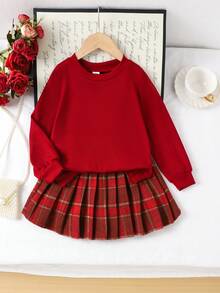 2 Stücke Gestrickter Langarm Roter Sweatshirt und karierter plissierter Rock Set für Kleine Mädchen, modisches Kinderoutfit für Frühling/Herbst, geeignet für Winter Lässig und Feiertagsmode Weihnachten Mädchen Set Prinzessin Halloween/Weihnachtsparty - Rot - Übersicht 6
