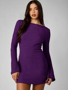 MISSGUIDED Vestido mini de punto acanalado de manga larga, ajustado y entallado, vestido de suéter de otoño e invierno - Morado - Ver 5