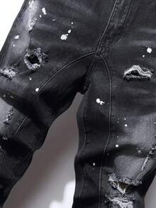 Manfinity Roughcore Men Cotton Splash Ink Print Ripped Frayed Skinny Jeans Plain Slim Fit Long Black Cargo Jeans, For Husband, Boyfriend Gifts Hiking Going Out Party Vacation Urban, Grunge