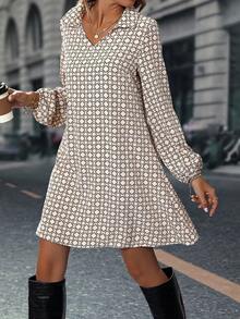 LanaWest Petite Women's New Apricot V-Neck Collar Long Sleeve Loose A-Line Dress, Simple & Elegant Printed Short Casual Everyday Dress, Autumn/Winter - Apricot - View 5