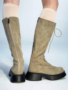 Sugerpunk Slimming Women's Thigh High Boots, Thick Sole Elastic Skinny Boots, Elevated Shaft Riding Boots - Light Grey - View 2