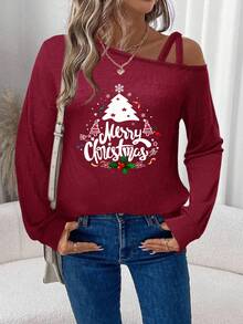 SHEIN LUNE Women's Casual Christmas Tree Letter Print Long Sleeve T-Shirt,Dark Red,Autumn,Occasion,New Year Party,Family Matching Gathering,Graphic Red Top - Burgundy - View 4