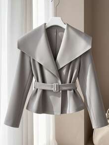 SHEIN Franclia 女士优雅简约通勤时尚翻领可调节腰带短袖西装外套，秋冬 - 淺灰色 - 查看 1