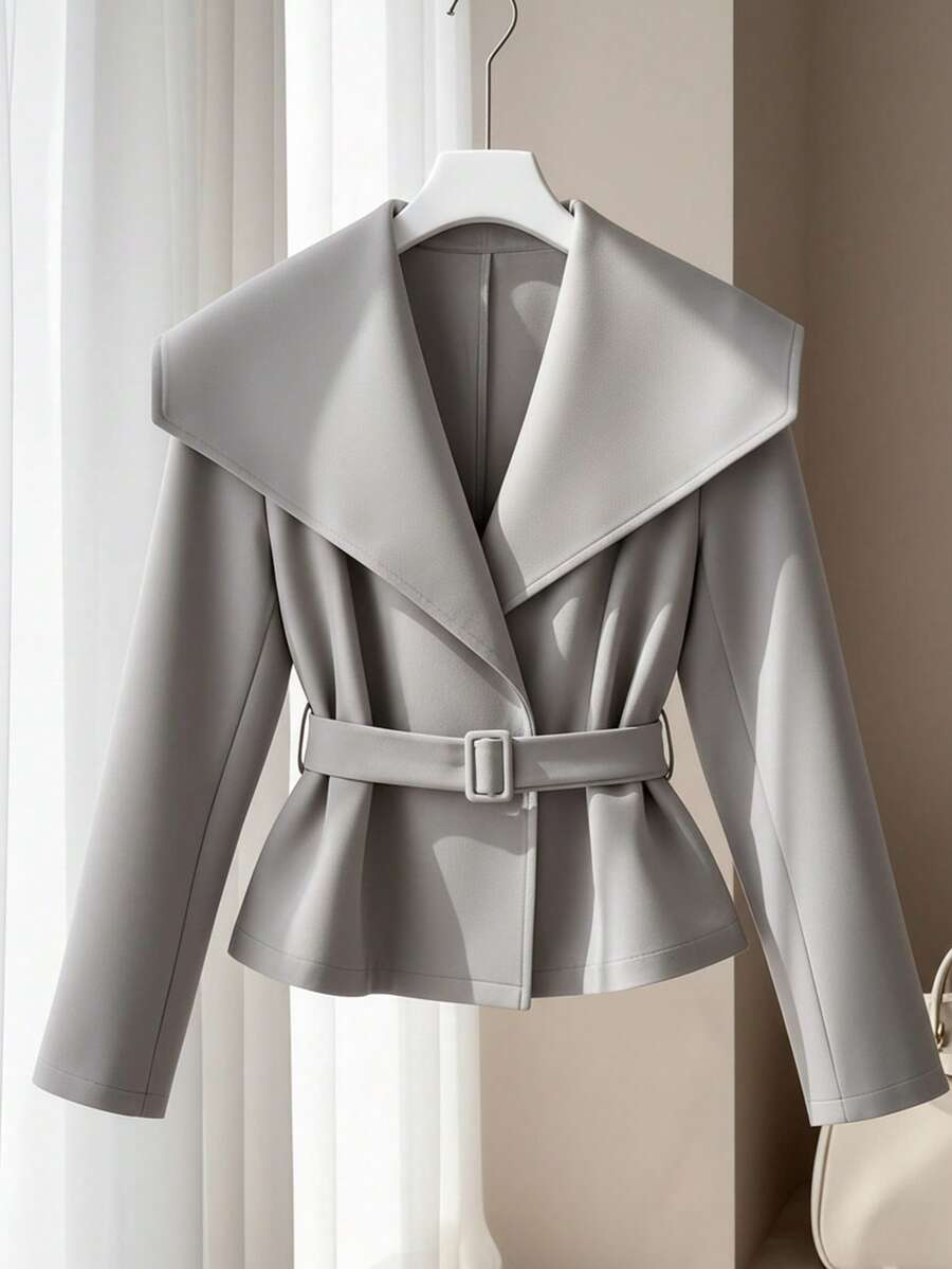SHEIN Franclia 女士优雅简约通勤时尚翻领可调节腰带短袖西装外套，秋冬 - 淺灰色 - 查看 1