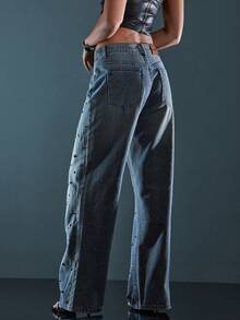 Denimoi Metal Stud Decor Wide Leg Washed Denim Jeans Fashionable Streetwear Grommet Hardware Detail - Medium Wash - View 5
