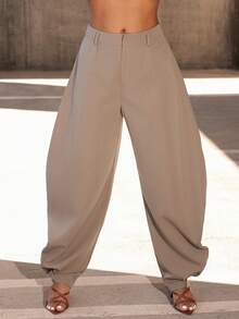 Vixey High Waisted Barrel Office Pants With Gold Button Cuffs - Brown - View 2