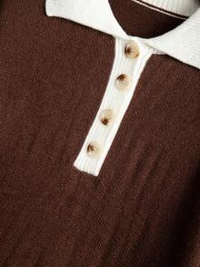 Linhara 2pcs Women's Contrast Trim Polo Neck Sweater & Pants Set, Fashion Knit Suit For Autumn/Winter - Coffee Brown - View 4