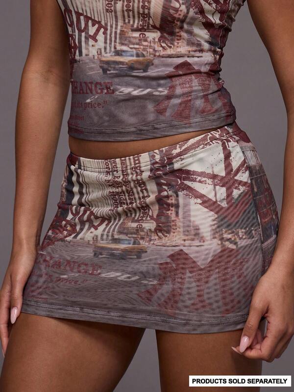MUSERA Minifalda ajustada de malla con estampado gráfico, solo Bottom del conjunto, para otoño, invierno, salidas nocturnas, ropa de calle, linda, vuelta al colegio, sexy, sin cortar, elegante, fiesta