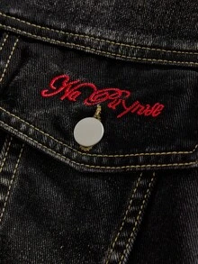 ROMWE MEN Street Life Men's Black Washed Denim Long Sleeve Jacket With Unique Butterfly Embroidery Craftsmanship - Black - View 5