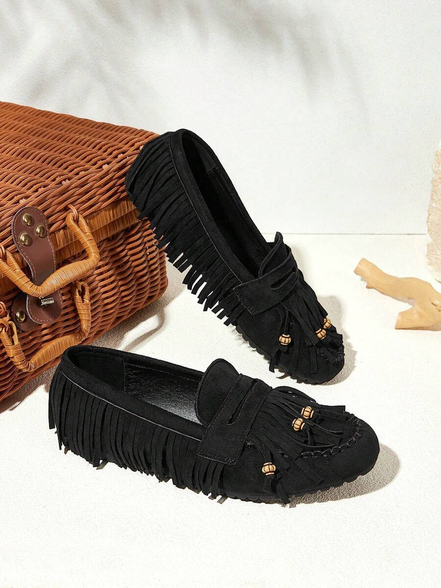 Styleloop Casual Commute Fringe Decor Flat Loafers - Black - View 1