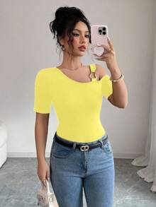 Elenzga Summer Casual Solid Color Asymmetric Collar Short Sleeve T-Shirt