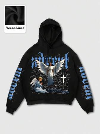 Street Life Felpa con cappuccio casual di moda da uomo, nera, con stampa grafica di angeli, senza tasche, adatta per l'inverno
