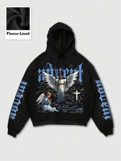 Street Life Modischer lässiger Herren Schwarz Hoodie Sweatshirt mit Engel Grafik Muster, ohne Taschen, Winter