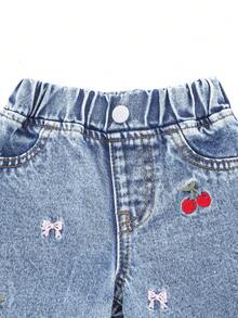 Baby Girls' Denim Jeans, Casual & Cute, Elegant Embroidered Cherry Blossom & Bow Decor, Straight Leg, Elastic Waist, Comfortable Cotton Denim, Suitable For Daily Wear, Home, Travel, Fashionable Item, New Arrival For 2023 Autumn