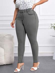 EMERY ROSE Plus Size Women Elastic Waist Casual Skinny Jeggings - Light Grey - View 3