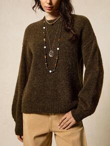 SoleilVie 女式咖啡棕色圆领灯笼袖羊毛混纺针织套头衫 - 咖啡棕 - 查看 4