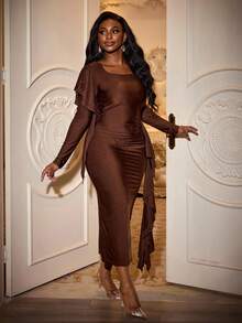 Lineaform Dark Brown,Autumn,Elegant,Dining Women's Long Sleeve Satin Ruffle Trim Dresses,Teacher Outfits,Thanksgiving Formal Gowns,Vintage Chic Party Wear, - Multicolor - View 5