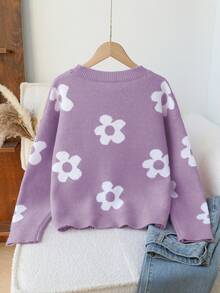 Sparklyn 2025 秋冬新款女式提花花卉学院风套头毛衣，休闲针织上衣 - 紫色 - 查看 2