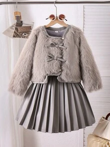 Elladie kids Set de bluză elegantă cu mânecă lungă, cu fundă pufoasă, pentru fete preadolescente, asortată cu fustă plisată și jachetă gri - Gri - Vizualizare 3