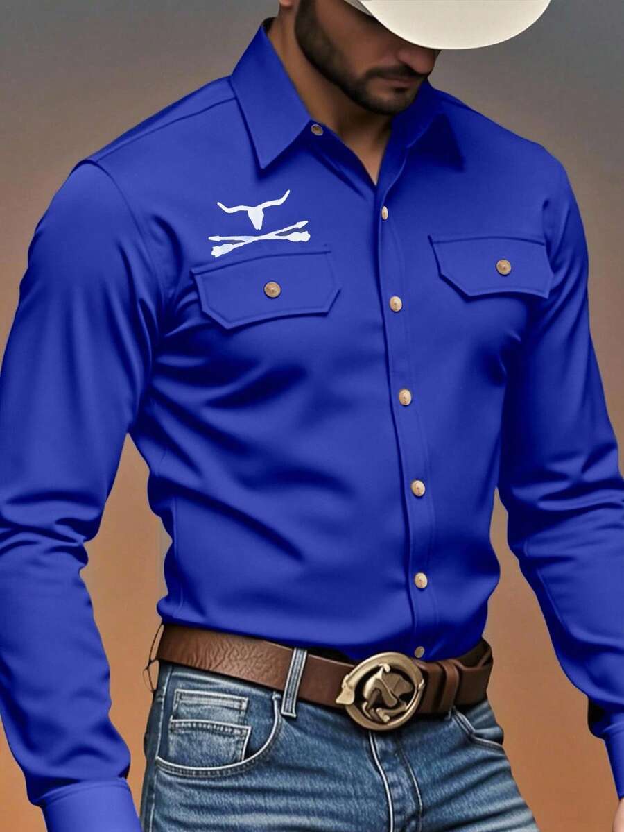 Manfinity Nomadique Stylish Men's Royal Blue Regular Length Long Sleeve Western Cowboy Shirt With Graphic Print And Pockets - Royal Blue - View 1