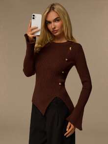 Glamine Women's Slim Fit Waist Design, Hem Slit Metal Button Decor, Casual Round Neck Long Sleeve Pullover Sweater - Brown - View 7