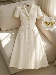 SHEIN Clasi Plus Size Women Fashion Elegant Lapel Collar Cinched Waist Single-Breasted Short Sleeve Dress, Suitable For Commuting In Summer